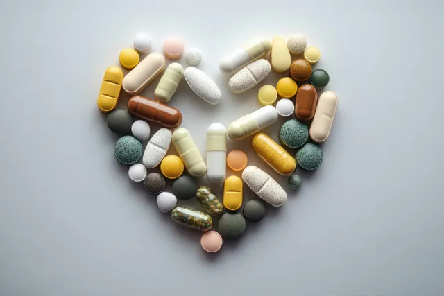 Assorted pills and capsules form a heart shape on a white background.