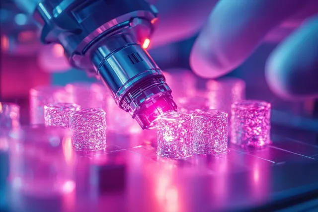 High-tech microscope inspects glowing transparent cubic crystals under pink-purple lab lighting