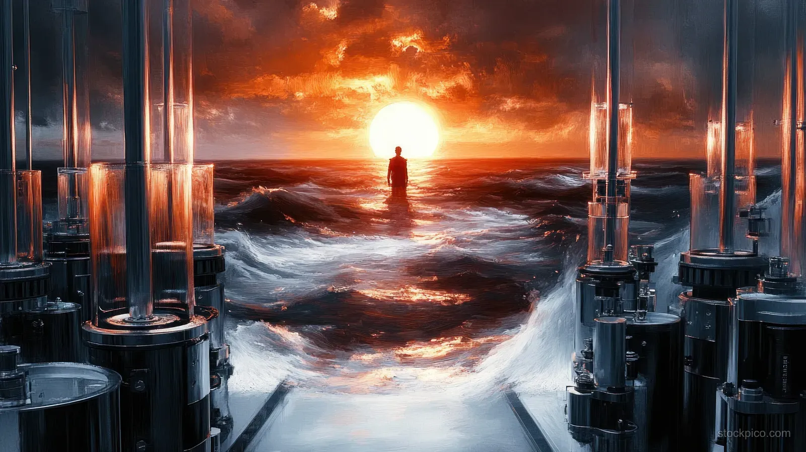 A lone silhouette stands in stormy ocean waves facing a glowing sun beside tall glass industrial tanks.