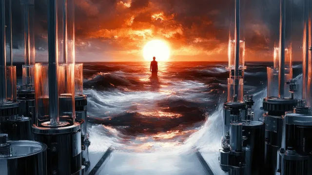 Silhouette figure stands amid stormy waves facing glowing sun beside glass industrial tanks