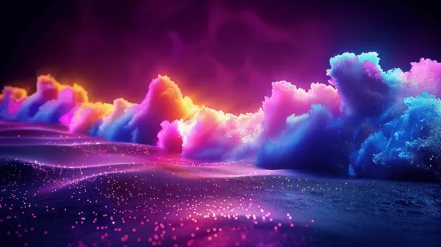 Neon pink and blue energy stream curls across dark ground with glowing particles