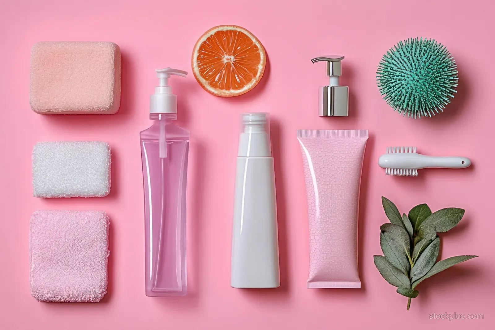 Sanitary pads, liquid bottles, razor, and grooming items neatly arranged on a pink background.