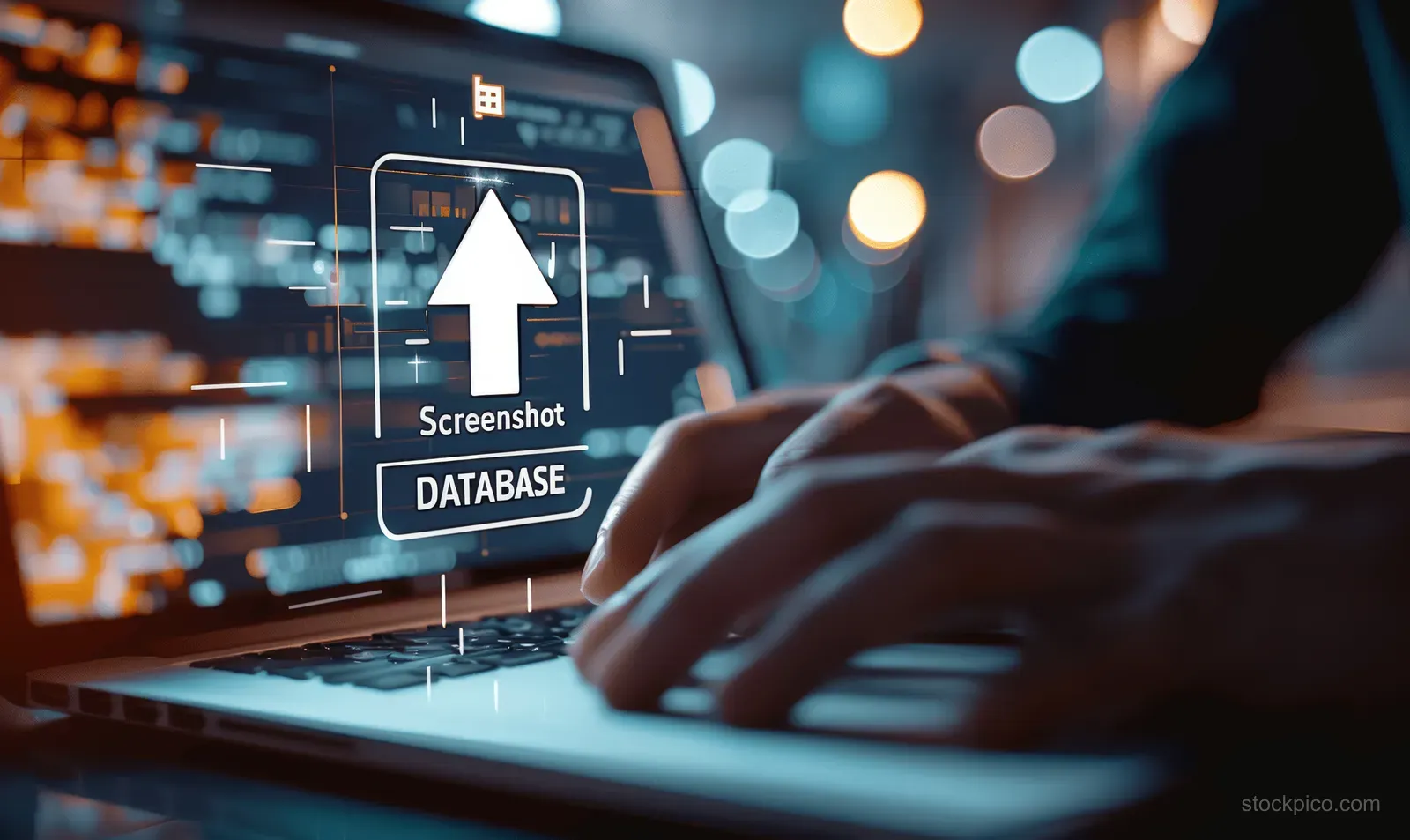 A man uses a laptop with a cloud upload and database security interface displayed on-screen.