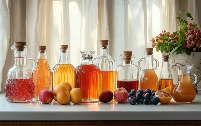 Glass bottles of amber and red juice sit on a table with fresh apricots, plums, apples, grapes, and pomegranate by a bright window.
