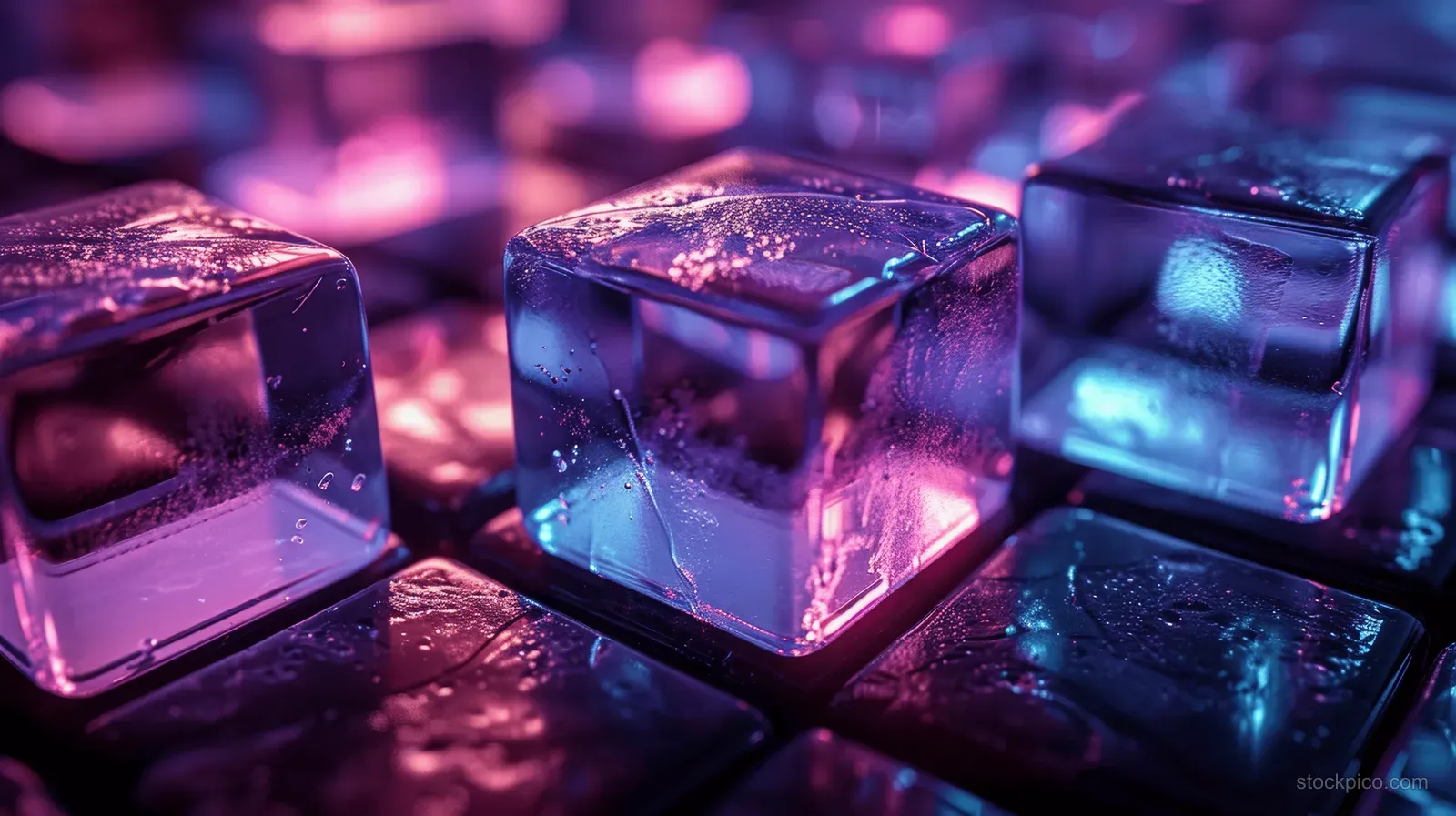 Purple and blue glass cubes glow under dramatic volumetric lighting on a dark background with reflections.