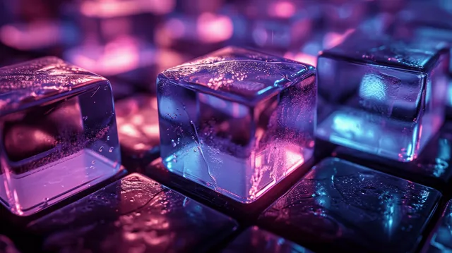 Ultra wide view of glowing purple and blue glass cubes with volumetric light