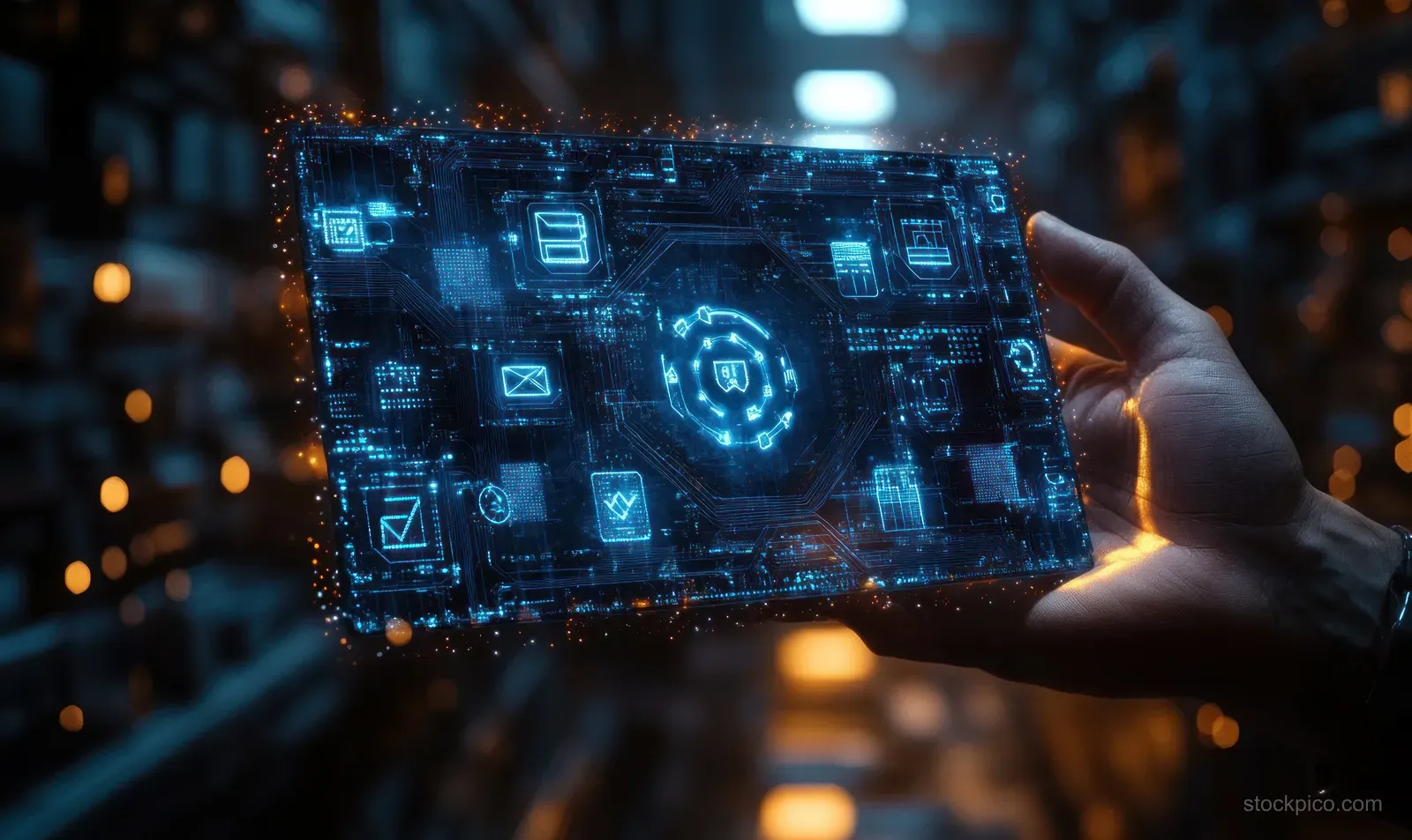 A businessman holds a glowing hologram tablet showing supply chain network icons and data overlays.