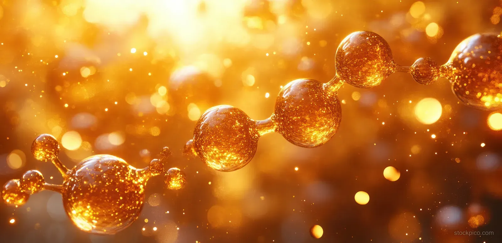 Glowing molecular spheres float through warm orange bokeh, with faint bond-like highlights in soft focus.