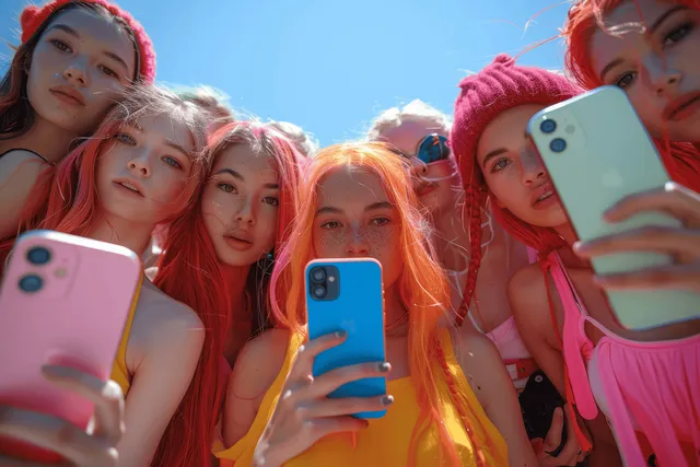 Young friends in a circle outdoors hold smartphones and smile under a clear blue sky.