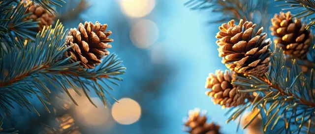 Pine cones on evergreen branches with soft sunlight and a blurred blue background.