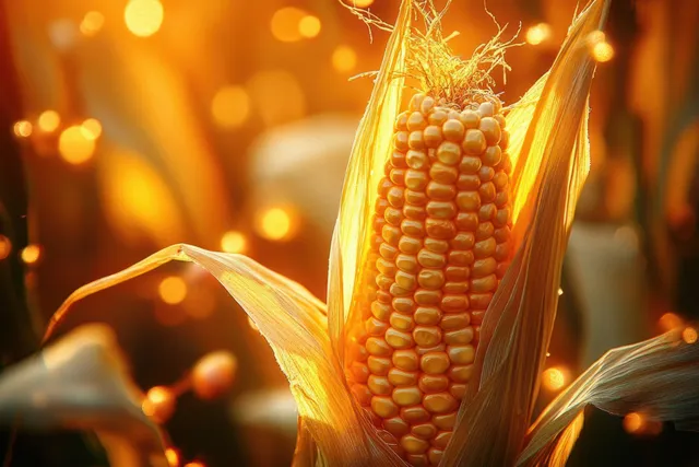 Corn on the Cob Glowing in Warm Sunshine with Golden Kernels