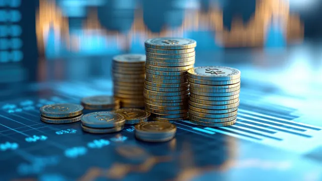 Stacked coins sit on a blue chart with an upward arrow in the background.