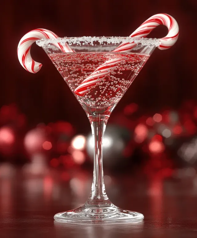 Holiday martini cocktail with sugar rim, peppermint candy canes, and glowing ornaments