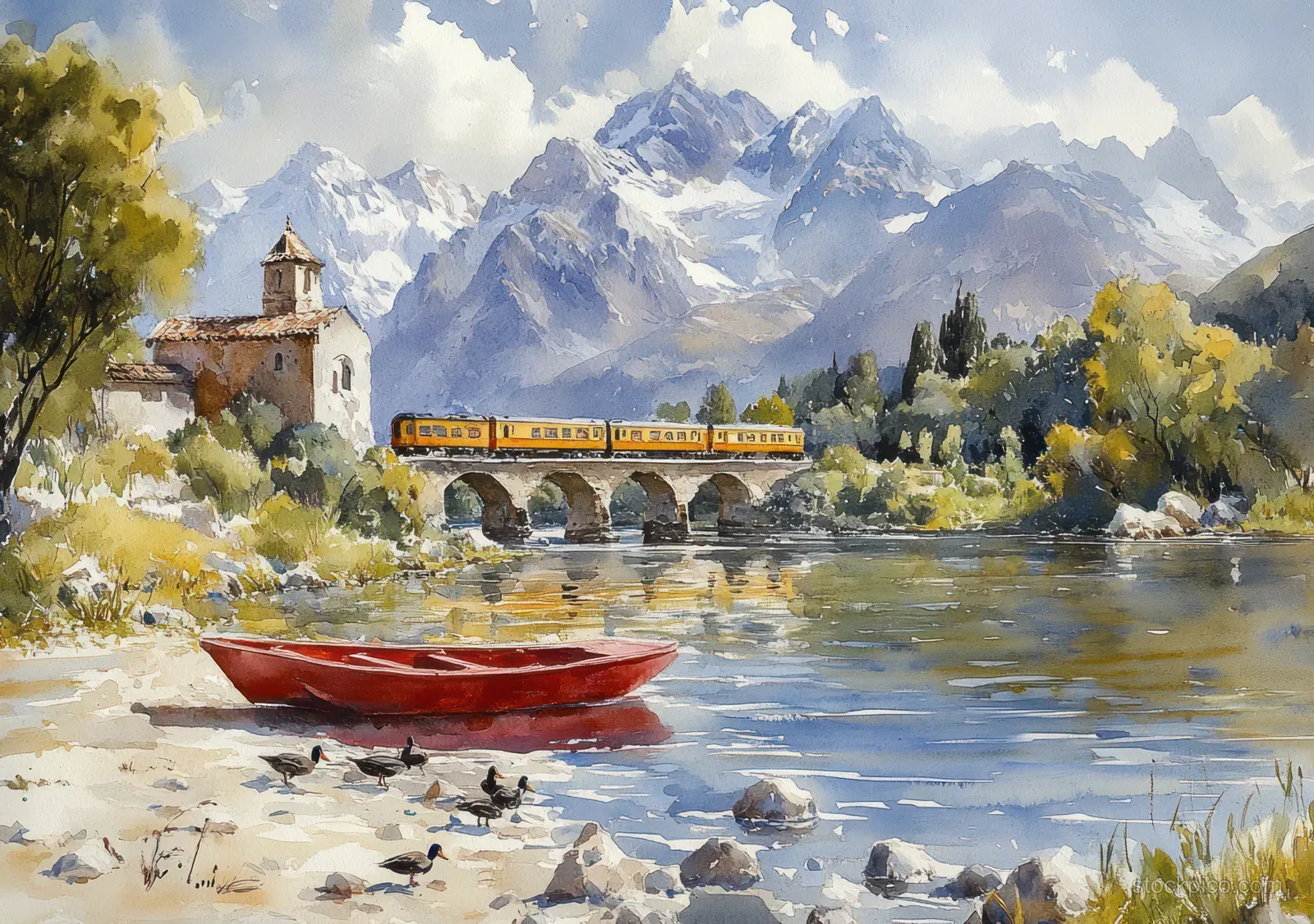 A red boat rests on a riverbank beneath a yellow train crossing a stone bridge with snowy mountains behind.