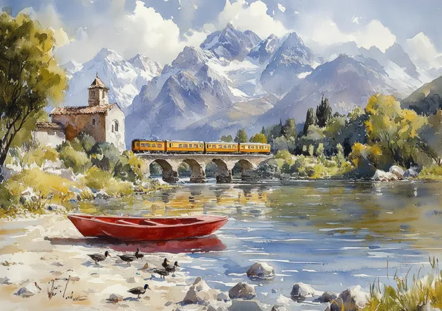 Red Boat on River Beneath Yellow Train and Snowy Mountains