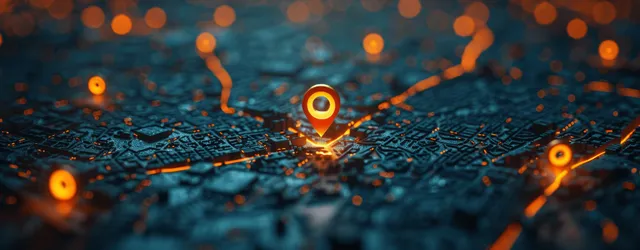 A glowing GPS pin is centered over a blurred city street map with route connection dots.
