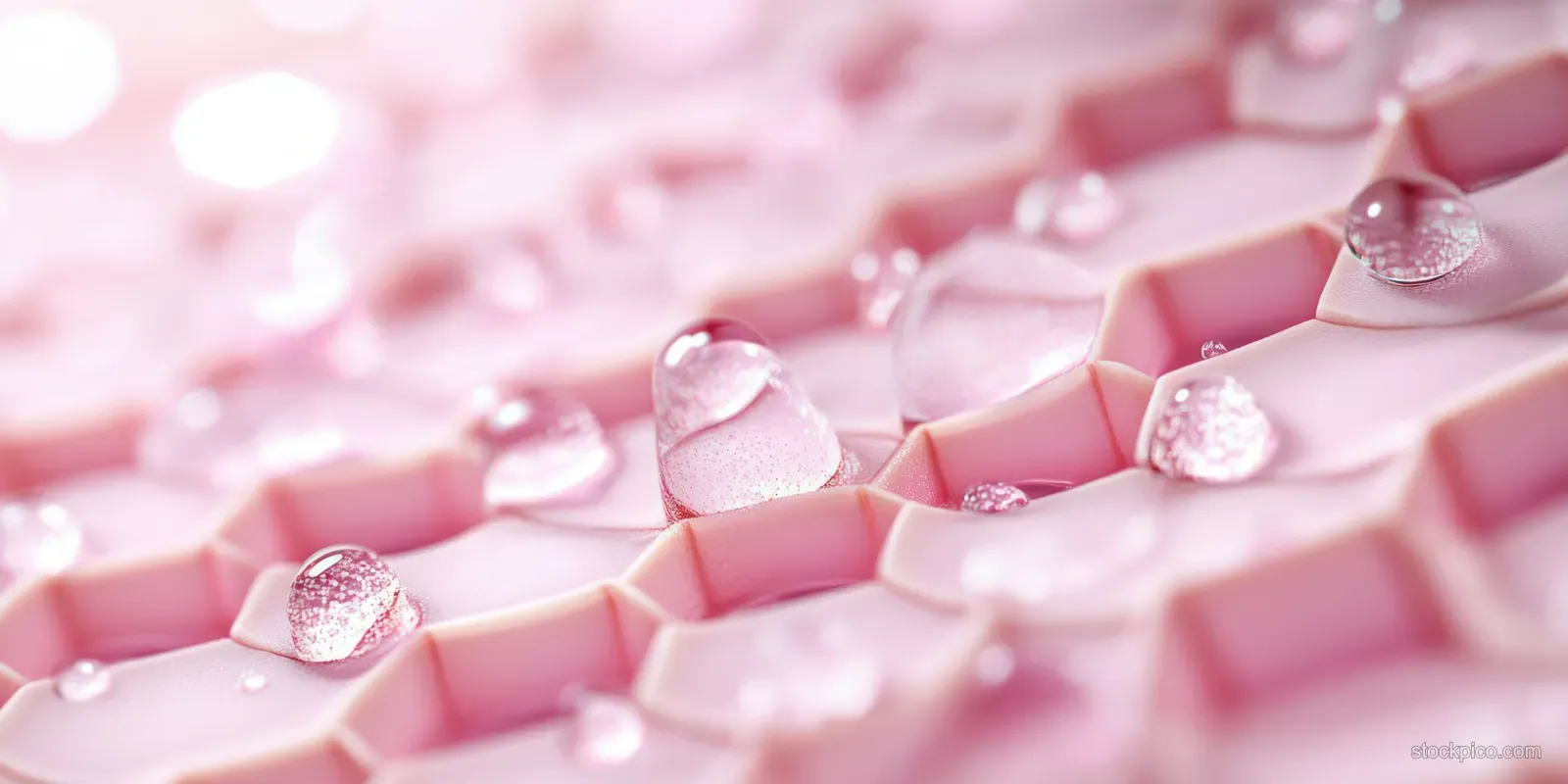 Pink honeycomb skincare surface covered with small water droplets, highlighted by bright soft light reflections.