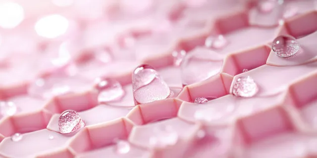 Pink honeycomb skincare surface covered with small water droplets, highlighted by bright soft light reflections.