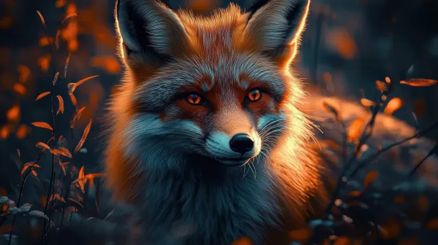 A close-up red fox portrait with glowing orange eyes surrounded by warm autumn leaves.
