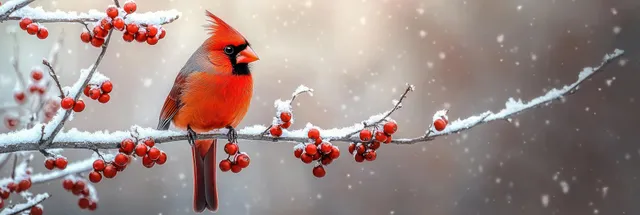 Red cardinal standing on a snowy branch with red berries while light snow drifts across a winter background.