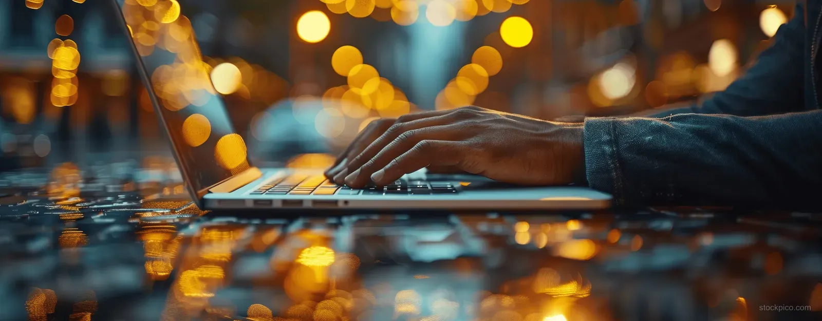 A businessman’s hands type on a laptop at an office desk with warm golden bokeh lights behind.