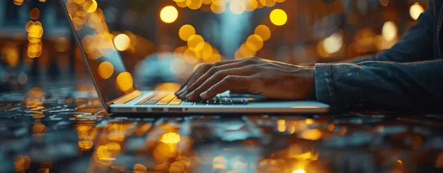 Businessman typing on laptop in office, close-up hands with warm city bokeh lights