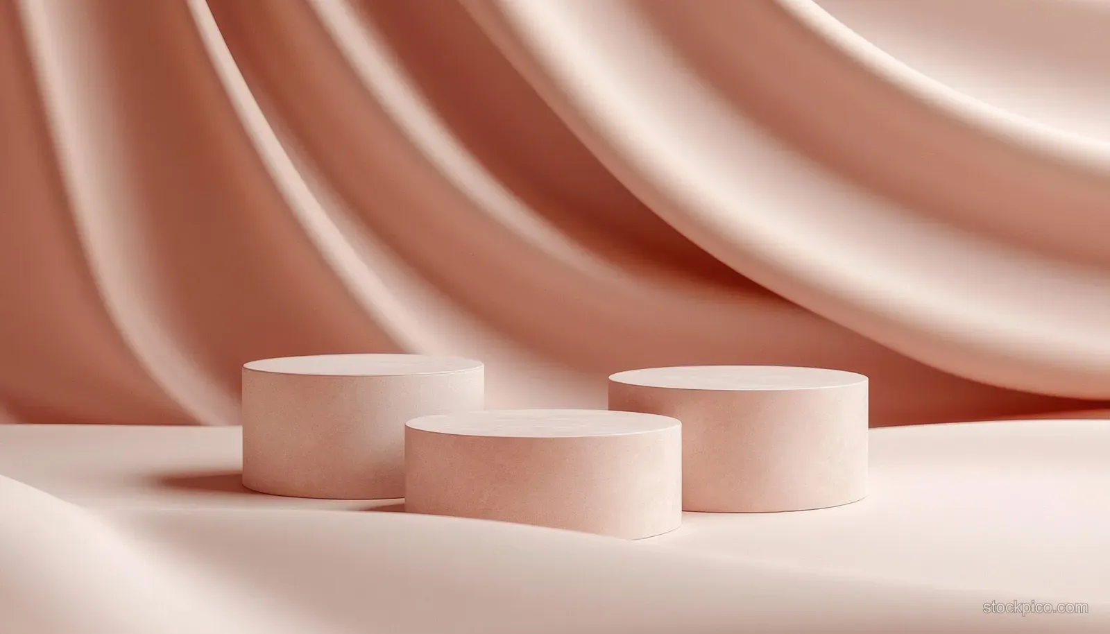 Cylindrical display pedestals sit on a neutral platform under flowing draped fabric with soft shadows.