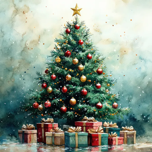 Watercolor Christmas tree with golden star, colorful ornaments, and wrapped presents below