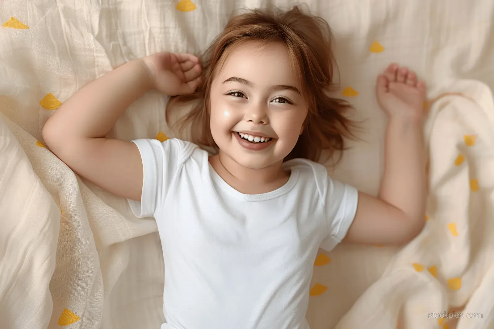 Smiling toddler in a white bodysuit lying on a bed in a top-down view with a patterned blanket.