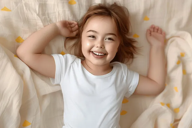 Smiling toddler in white bodysuit lying on bed, top-down view with soft patterned blanket