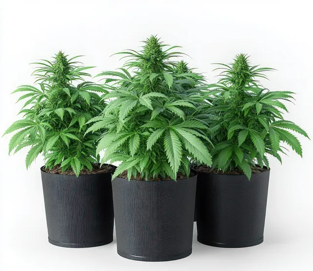 Three healthy green cannabis plants in black pots showcase vibrant foliage against a clean white background.