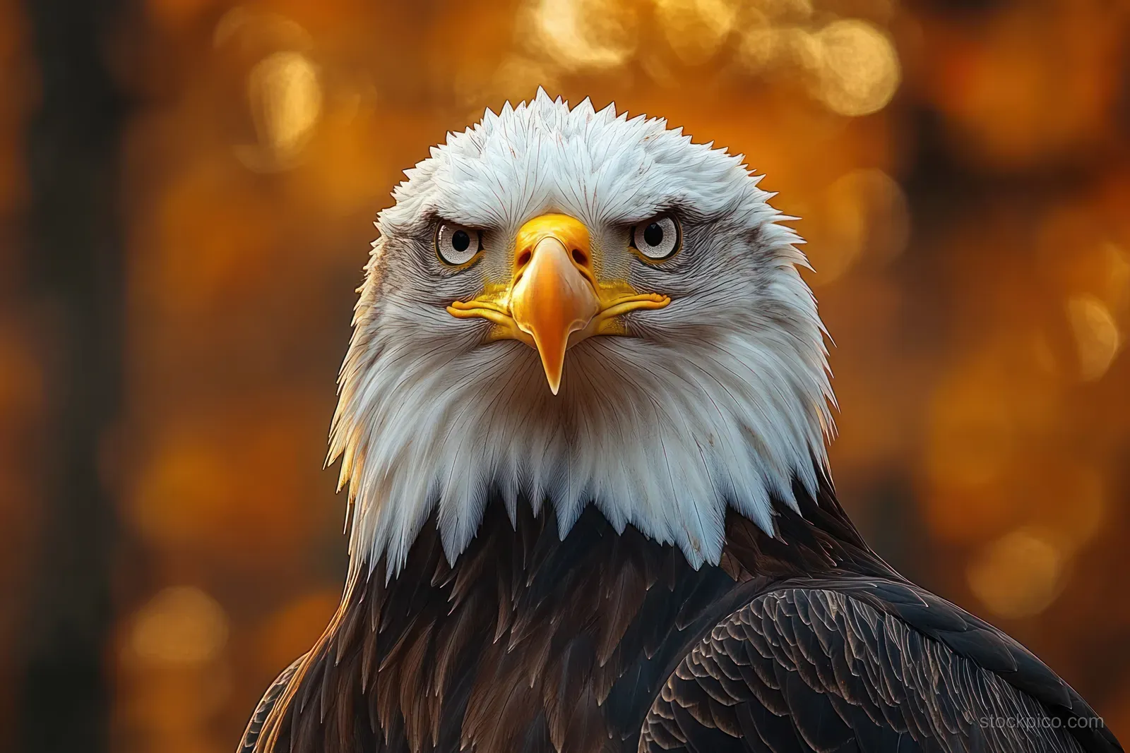 A bald eagle close-up portrait with intense eyes and yellow beak against a warm orange autumn blurred background.