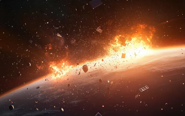 Space debris fragments and broken satellite pieces swirl around Earth as fiery sunset light illuminates orbiting debris.
