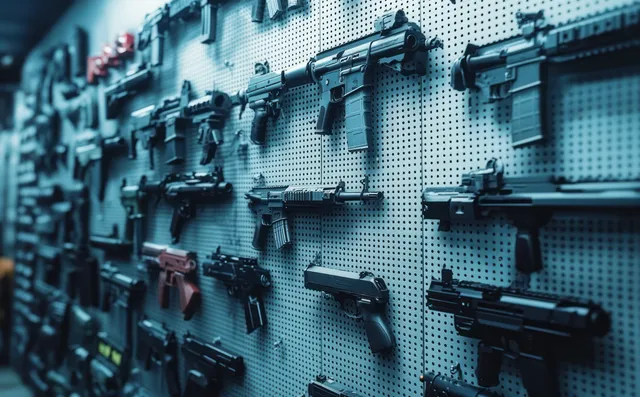 Rifles and pistols arranged on pegboard walls in a gun shop under blue cool-toned lighting.