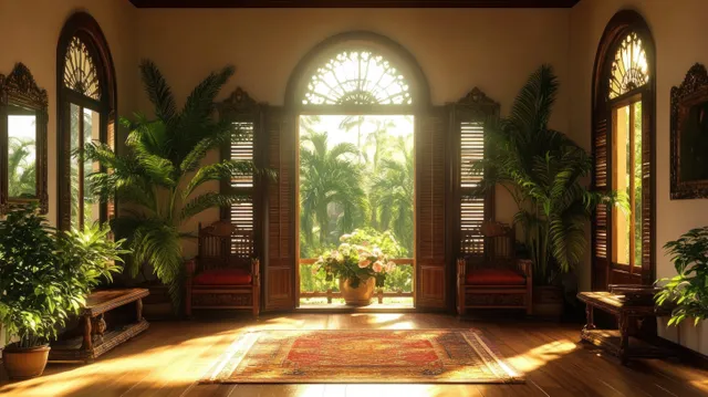 Sunlit veranda interior with arched windows, wooden shutters, potted tropical plants, and a red patterned rug.