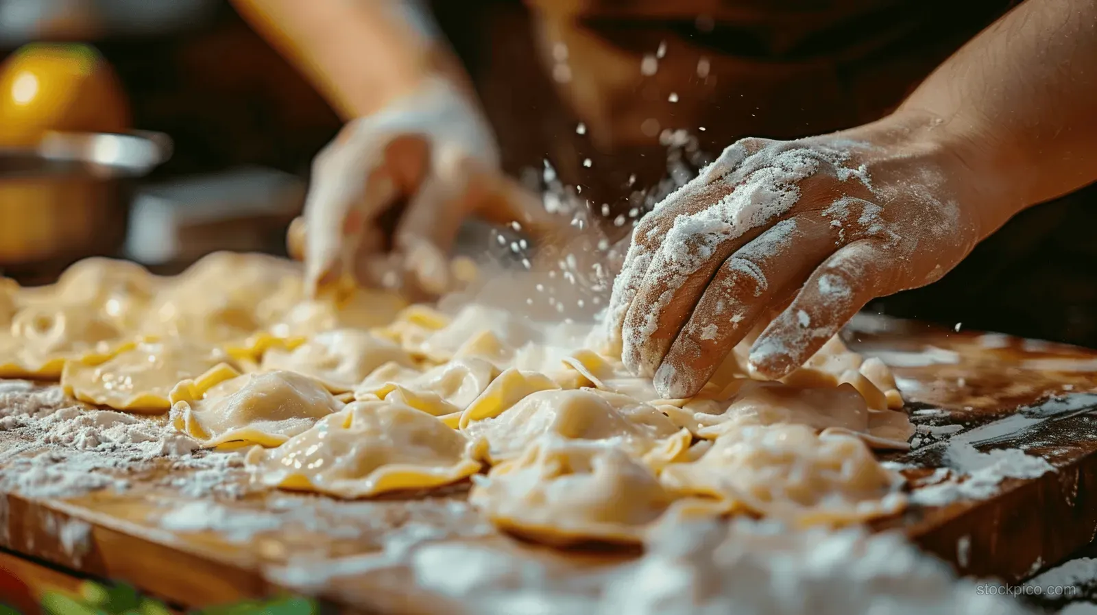 Hands dust flour over pierogi dough on a wooden board during a cooking class.