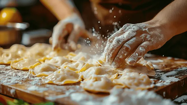 Hands dust flour over pierogi dough on a wooden board during a cooking class.