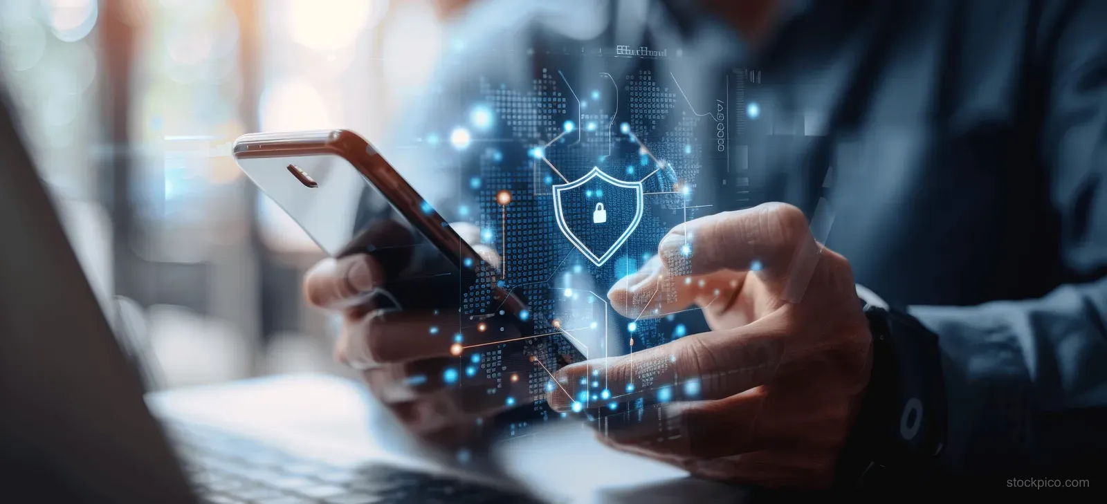 Businessman holding a smartphone near a laptop with glowing cybersecurity lock icons.