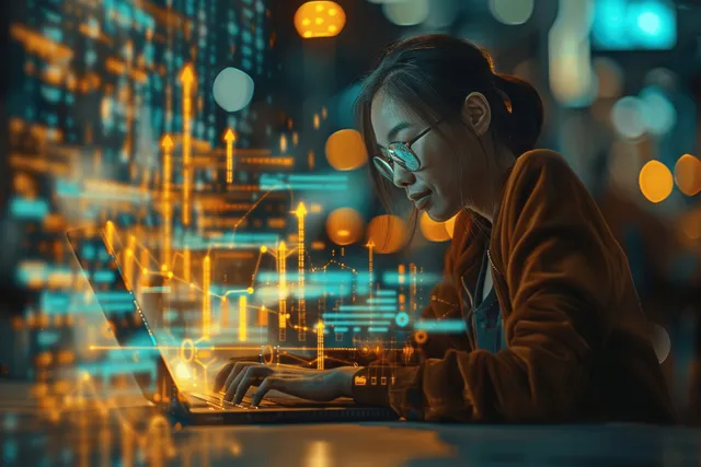 A person typing at a laptop with glowing analytics overlays and network graphics suggesting digital transformation.