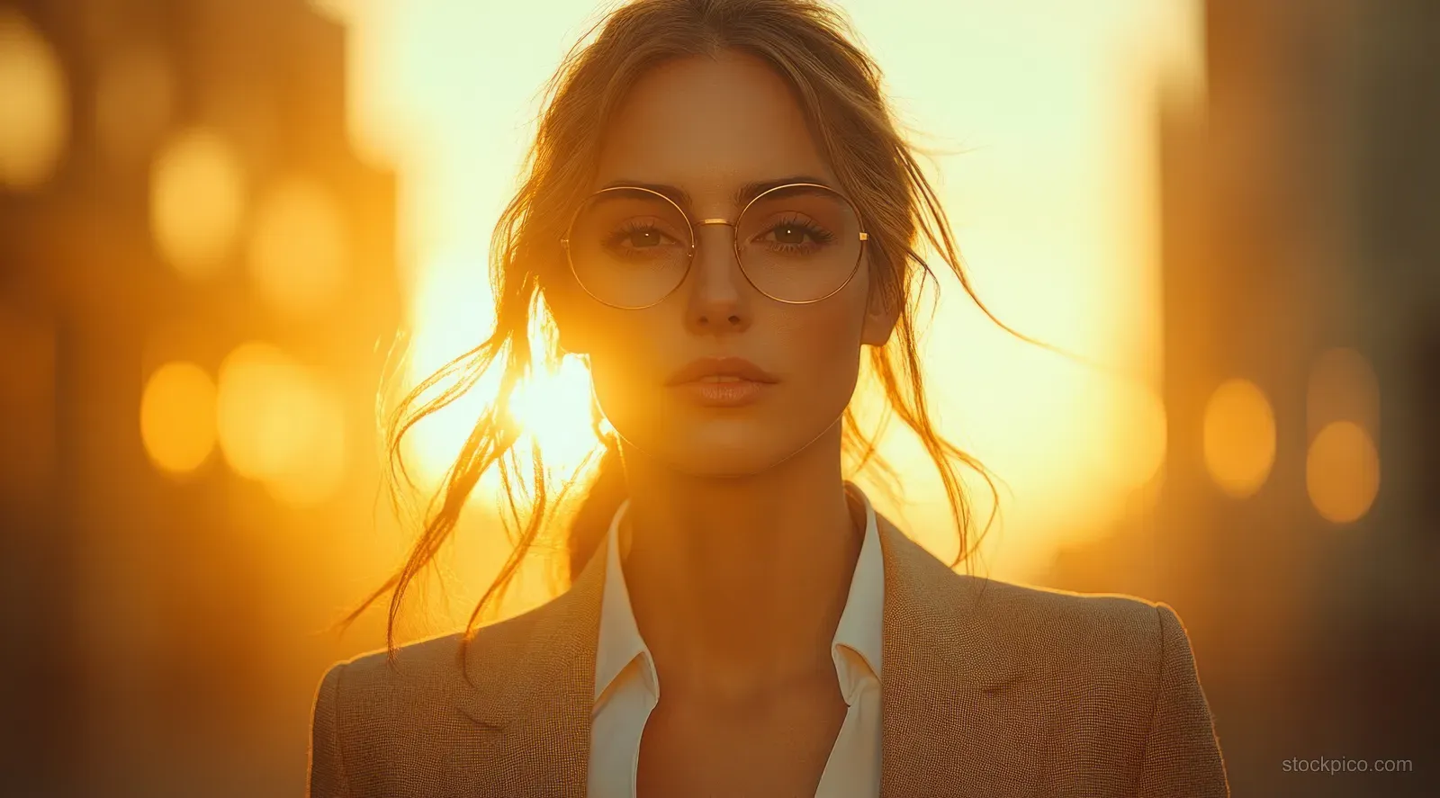 Confident businesswoman walking toward camera as golden sunset light and blurred city skyline glow behind her.