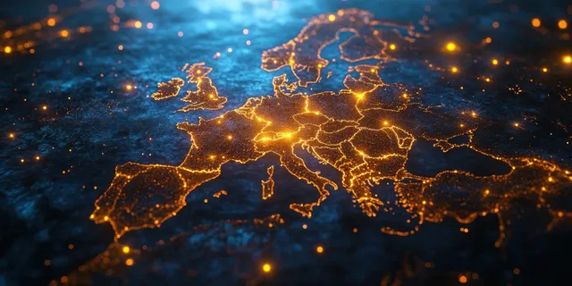 Abstract Europe Digital Network Connectivity Map with Cyber Data Transfer Paths