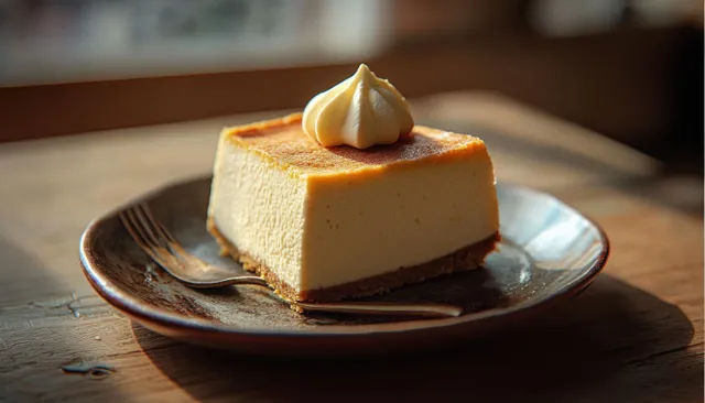 Creamy cheesecake slice topped with whipped cream on a brown ceramic plate, accompanied by a fork on a wooden table.