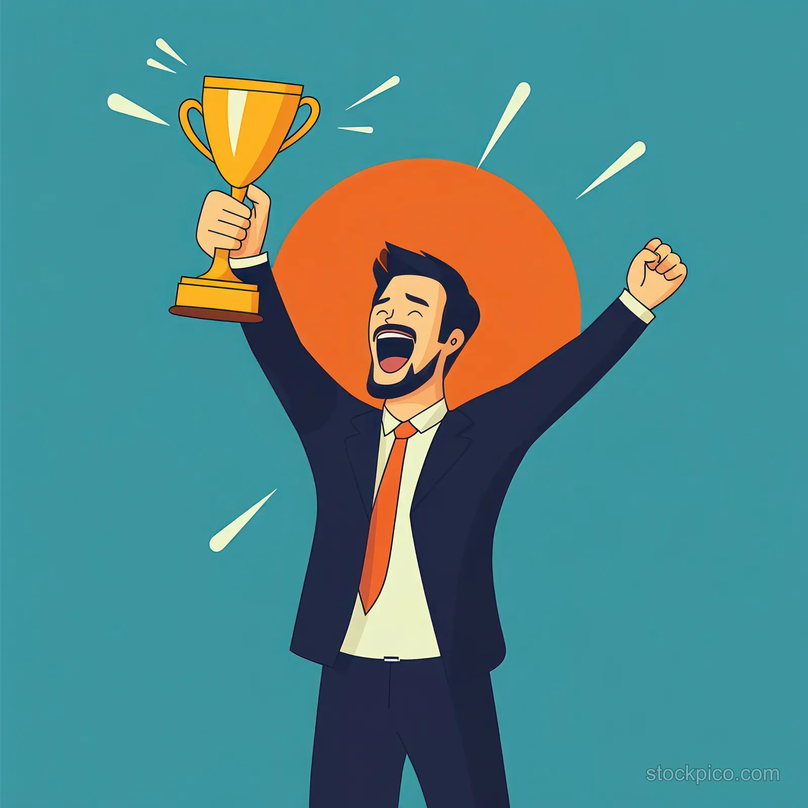 Suit-wearing businessman raises a golden trophy overhead with arms up and sparkles against a blue background.