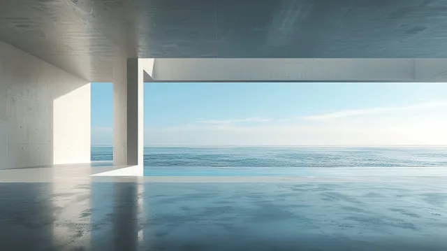 Empty concrete floor interior with minimalist columns opening to a bright ocean view and blue sky.