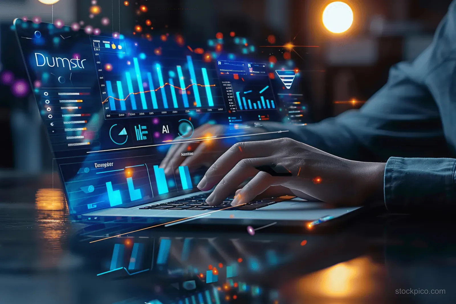 A person uses a laptop to review AI performance charts and KPI metrics displayed on a digital dashboard.