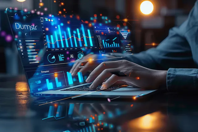 A person uses a laptop to review AI performance charts and KPI metrics displayed on a digital dashboard.