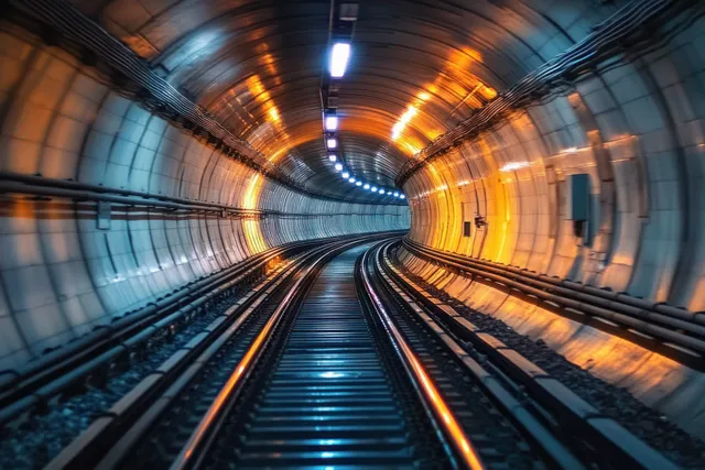 Empty curved underground railway tunnel illuminated by orange and blue lights reflecting on steel rails.