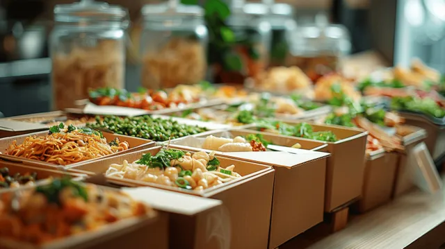 Organic takeout trays with green garnish lined up on a counter in a cozy kitchen