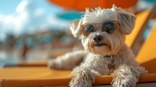 White Havanese dog lounging on a beach chair wearing sunglasses under a striped umbrella with Shallow Depth Of Field