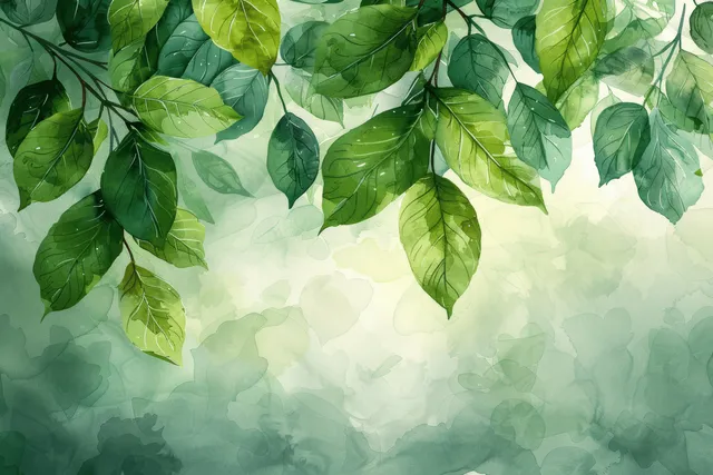Watercolor green leaves frame over soft spring background with light airy paper texture